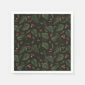 クリスマスツリーの枝と果実 – ダークグリーン スタンダードカクテルナプキン (正面)
