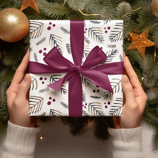 クリスマスツリーの枝と果実 – ブルゴーニュ ラッピングペーパーシート