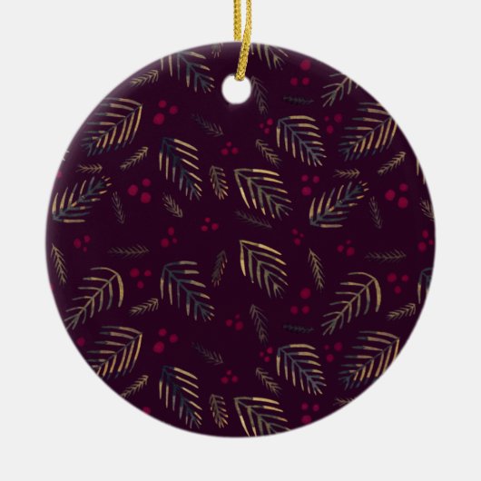 クリスマスツリーの枝と果実 – ワインレッド セラミックオーナメント (正面)