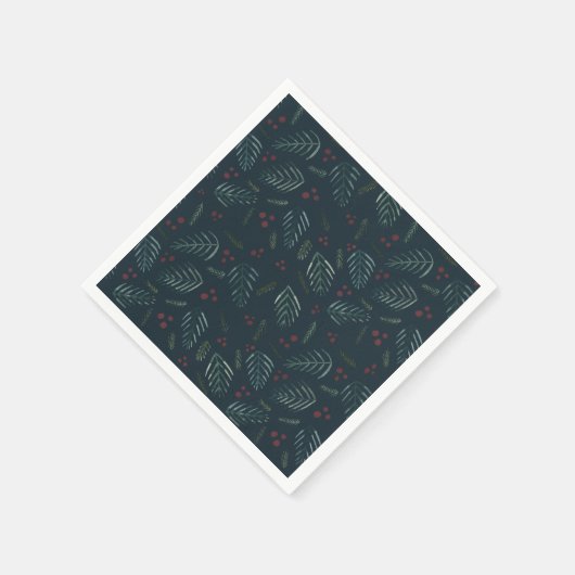 クリスマスツリーの枝と果実 – ヴィンテージティール(緑がかった色) スタンダードカクテルナプキン (角)