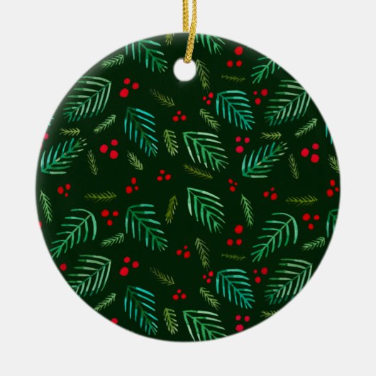 クリスマスツリーの枝と果実 – 暗い セラミックオーナメント (正面)