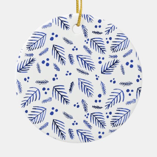 クリスマスツリーの枝と果実 – 青 セラミックオーナメント (正面)