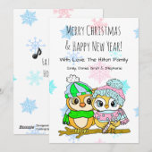 クリスマスツリーの枝に座るかわいいフクロウのカップル シーズンカード (正面/裏面)