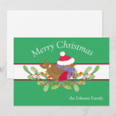 クリスマスツリーの枝に止まる鳥のフラットホリデーカード シーズンカード (正面/裏面)