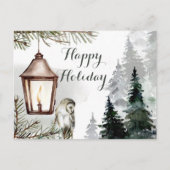 クリスマスツリーの枝、ロウソク付きのランタン シーズンポストカード (正面)