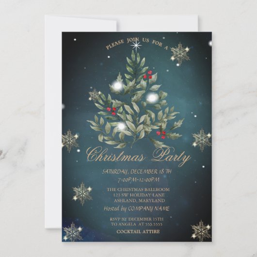 クリスマスツリーの枝 雪の結晶 会社 パーティー 招待状 (正面)