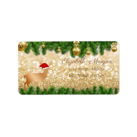 クリスマスツリーの枝、鹿のサンタ帽子、キラキラ ラベル (正面)