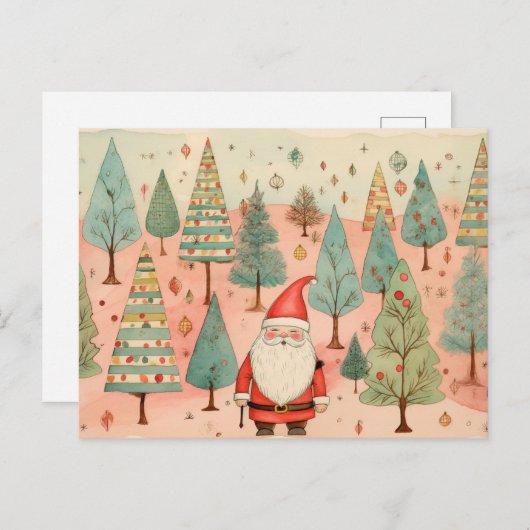 クリスマスツリーの森の中のサンタ ポストカード (正面/裏面)