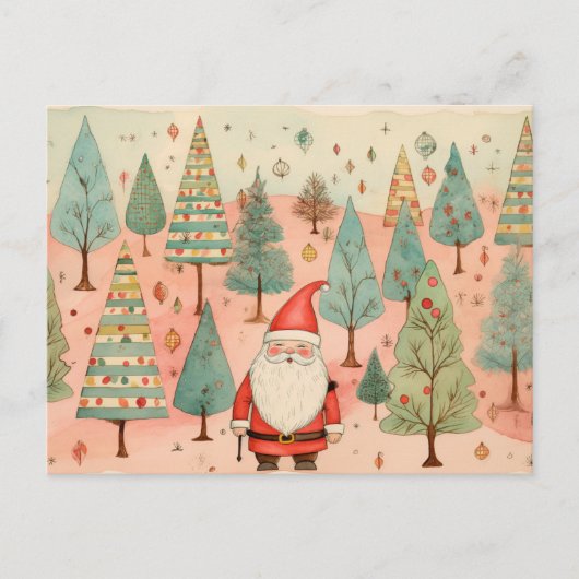 クリスマスツリーの森の中のサンタ ポストカード (正面)