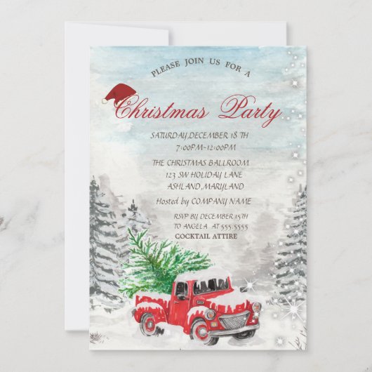 クリスマスツリーの森の赤いトラックのホリデーパーティー招待状 招待状 (正面)