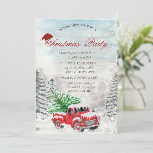 クリスマスツリーの森の赤いトラックのホリデーパーティー招待状 招待状 (スタンド正面)