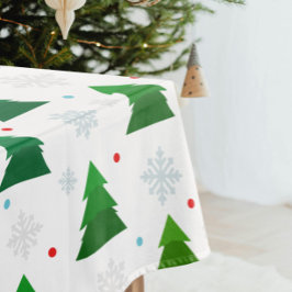 クリスマスツリーの森、雪片と赤い青いドット テーブルクロス