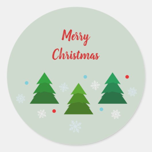 クリスマスツリーの森、雪片、赤い青い点 ラウンドシール (正面)