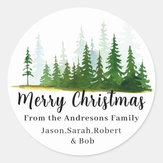 クリスマスツリーの水の色の家族の名前エレガント ラウンドシール (正面)
