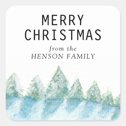 クリスマスツリーの水の色の雪の森芸術的 スクエアシール (正面)