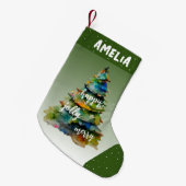 クリスマスツリーの水の色メリーハッピーすてきグリーン スモールクリスマスストッキング (正面 (吊り時))