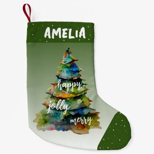 クリスマスツリーの水の色メリーハッピーすてきグリーン スモールクリスマスストッキング (正面)