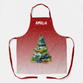 クリスマスツリーの水の色メリーハッピーすてきレッド エプロン (正面)
