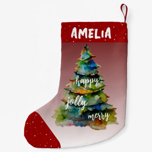 クリスマスツリーの水の色メリーハッピーすてきレッド スモールクリスマスストッキング (裏面)