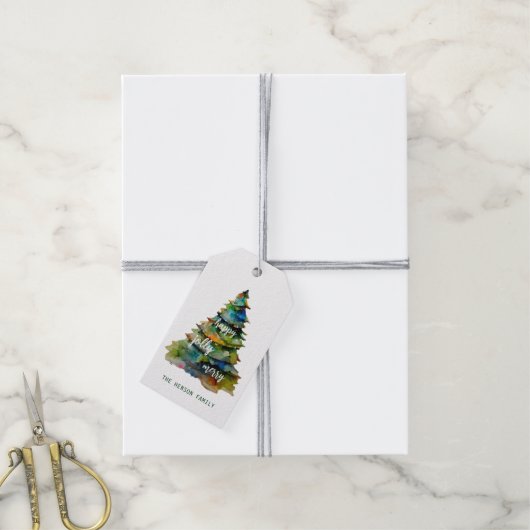 クリスマスツリーの水の色メリーハッピーすてき ギフトタグ (より糸付き)