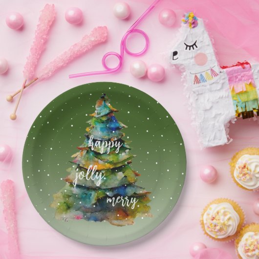 クリスマスツリーの水の色メリーハッピーすてき ペーパープレート (パーティー)