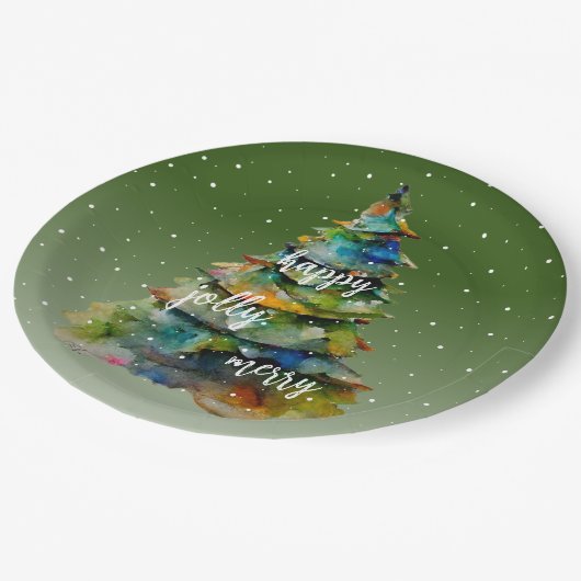 クリスマスツリーの水の色メリーハッピーすてき ペーパープレート (アングル)