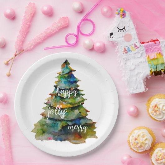 クリスマスツリーの水の色メリーハッピーすてき ペーパープレート (パーティー)
