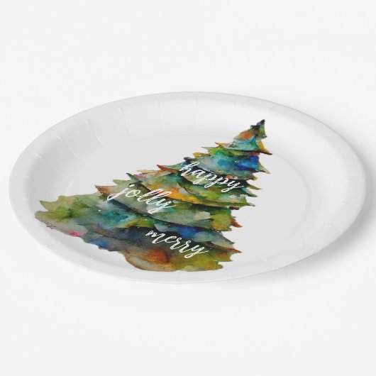 クリスマスツリーの水の色メリーハッピーすてき ペーパープレート (アングル)