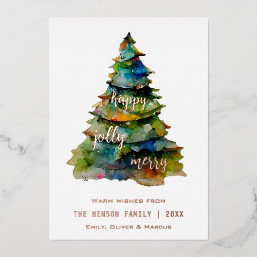 クリスマスツリーの水の色メリーハッピーすてき 箔シーズンカード (正面)