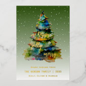 クリスマスツリーの水の色メリーハッピーすてき 箔シーズンカード (正面)