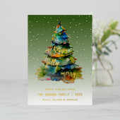 クリスマスツリーの水の色メリーハッピーすてき 箔シーズンカード (立ち正面)