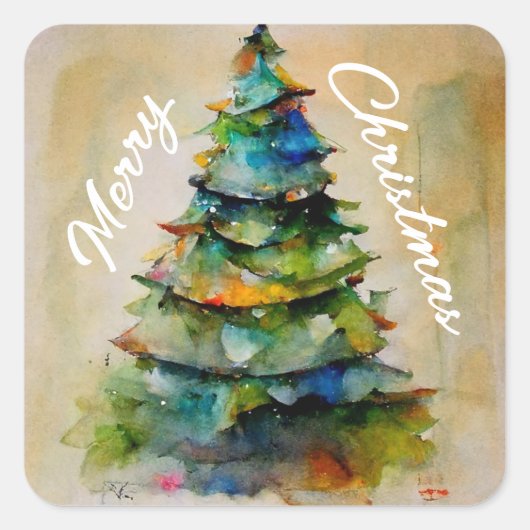 クリスマスツリーの水の色メリー芸術的クリスマス スクエアシール (正面)