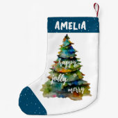 クリスマスツリーの水メリー色すてきハッピーブルー スモールクリスマスストッキング (裏面)