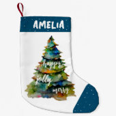 クリスマスツリーの水メリー色すてきハッピーブルー スモールクリスマスストッキング (正面)