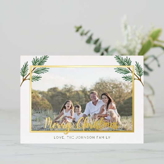 クリスマスツリーの水彩写真 松の枝 箔シーズンカード (立ち正面)