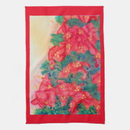 クリスマスツリーの水彩画のポインセチアのスワッグ キッチンタオル