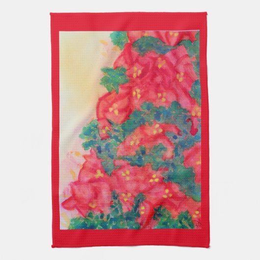 クリスマスツリーの水彩画のポインセチアのスワッグ キッチンタオル (縦)