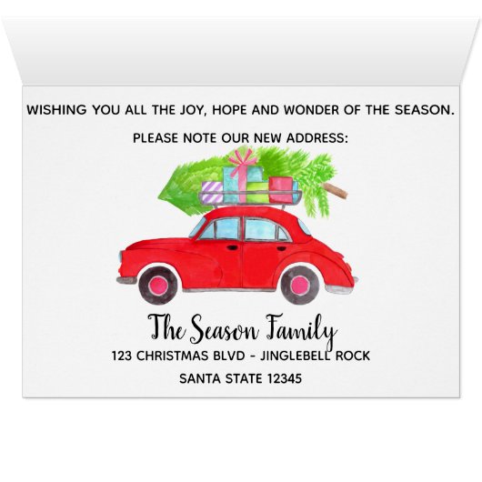 クリスマスツリーの水彩色付きの新しいアドレスレッドカー (内部横(下))