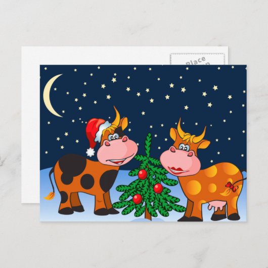 クリスマスツリーの甘いメリークリスマスカウカップル シーズンポストカード (正面/裏面)