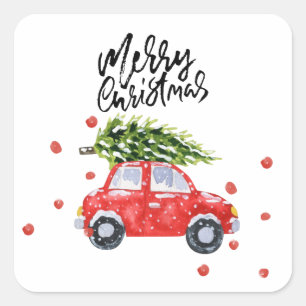 クリスマスツリーの白い聖降誕祭の赤いお祝いの車 スクエアシール