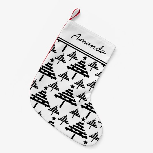 クリスマスツリーの白黒のストッキング（名前あり） スモールクリスマスストッキング (正面 (吊り時))