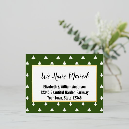 クリスマスツリーの緑と白の動きのお知らせ 箔シーズンポストカード (立ち正面)