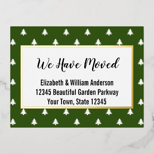 クリスマスツリーの緑と白の動きのお知らせ 箔シーズンポストカード (正面)