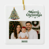 クリスマスツリーの緑の白い写真 セラミックオーナメント (正面)
