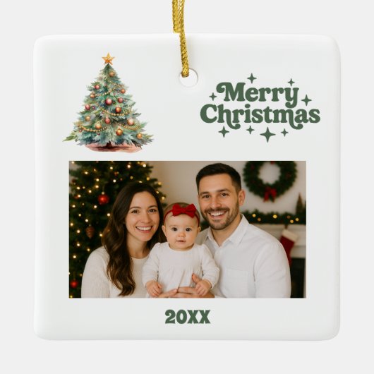 クリスマスツリーの緑の白い写真 セラミックオーナメント (正面)