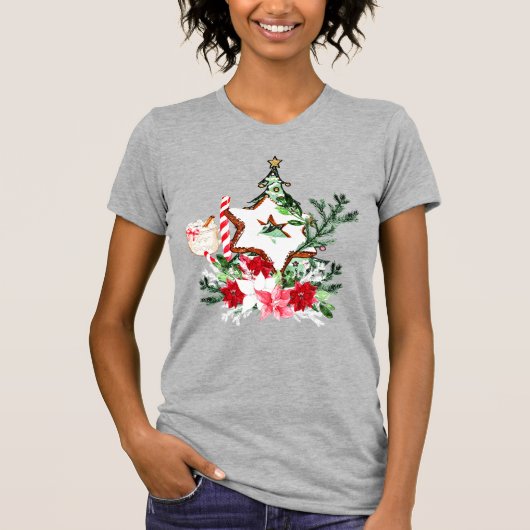 クリスマスツリーの花のキャンディケイン JOY Tシャツ (正面)