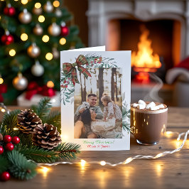 クリスマスツリーの赤と緑のチェック柄の写真入りホリデーカード 招待状