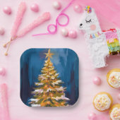 クリスマスツリーの輝く星の水彩画 ペーパープレート (パーティー)