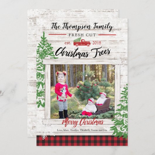 クリスマスツリーの農場の休日の写真カード 招待状 (正面/裏面)