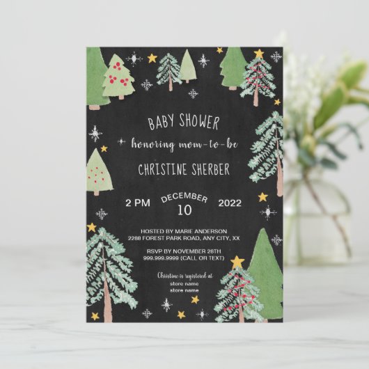 クリスマスツリーの農場の冬のベビーシャワーの招待 招待状 (スタンド正面)
